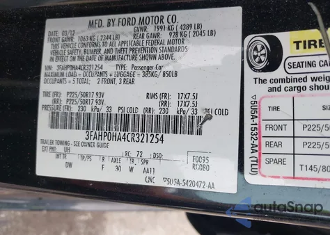 2012 Ford Fusion Se z USA, uszkodzony, nr VIN 3FAHP0HA4CR321254